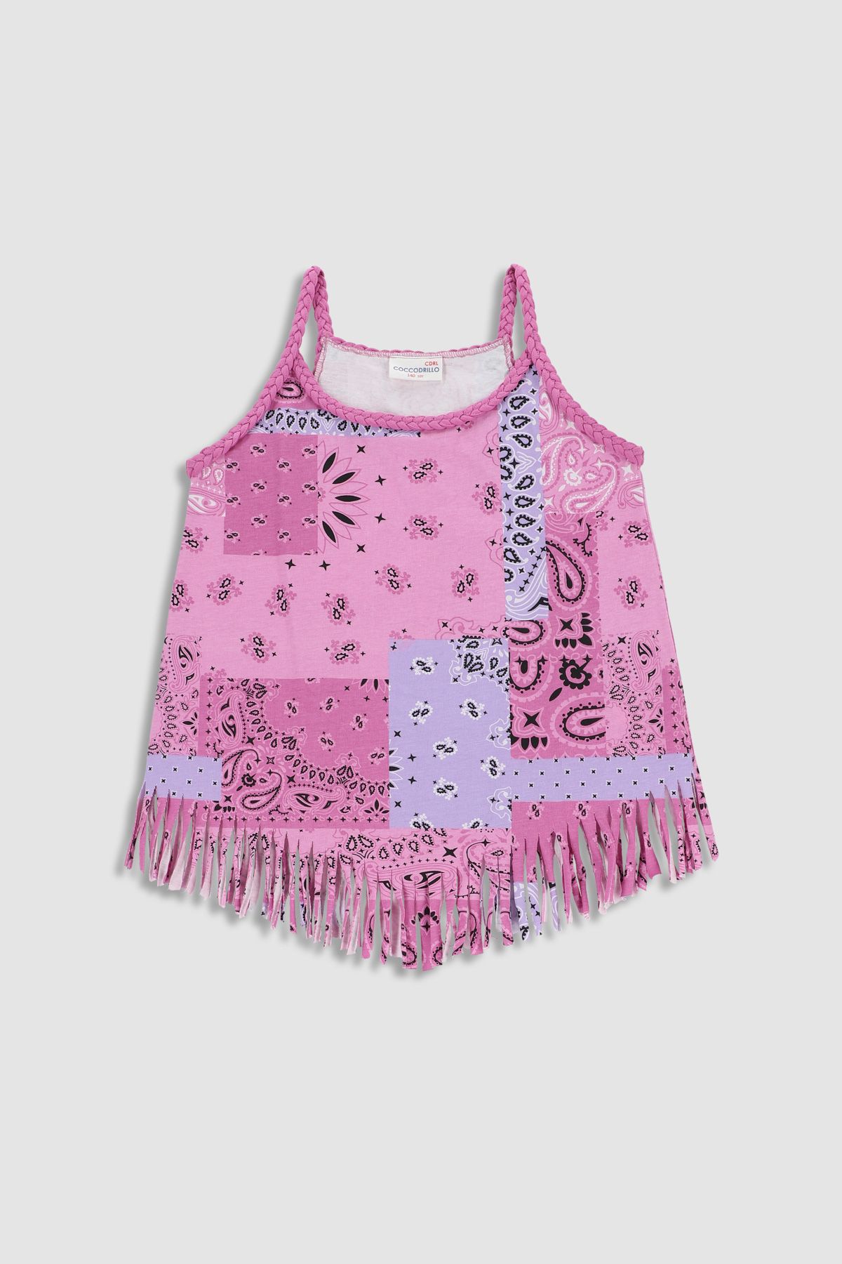 Sleeveless T-shirt multicolored with print and fringes in