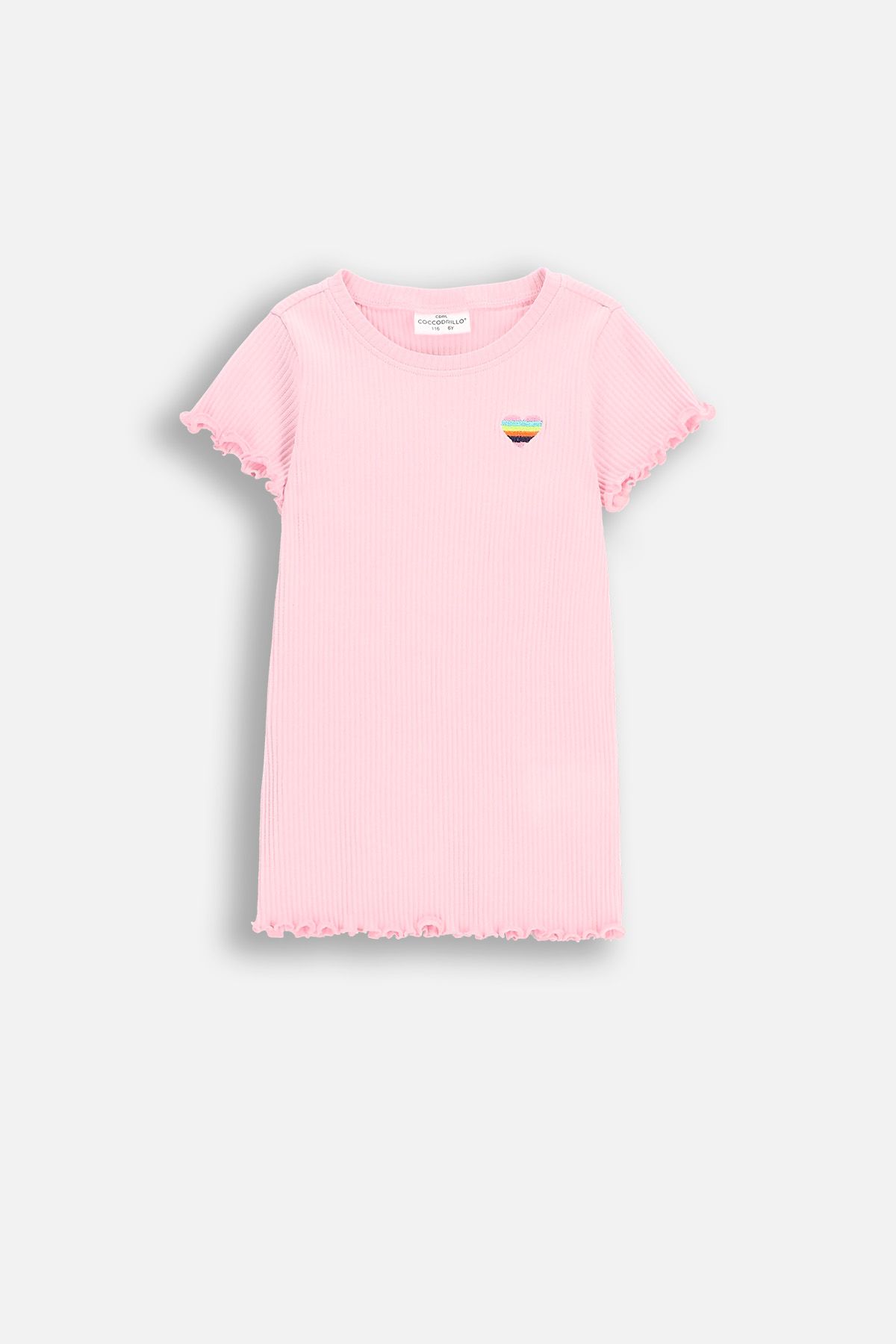 T-shirt prążkowany z krótkim rękawem ecru z ozdobnymi