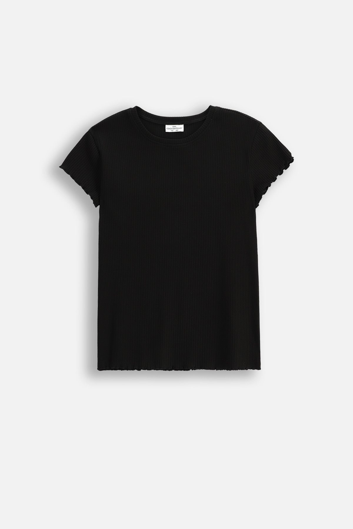 T-shirt prążkowany z krótkim rękawem ecru z ozdobnymi