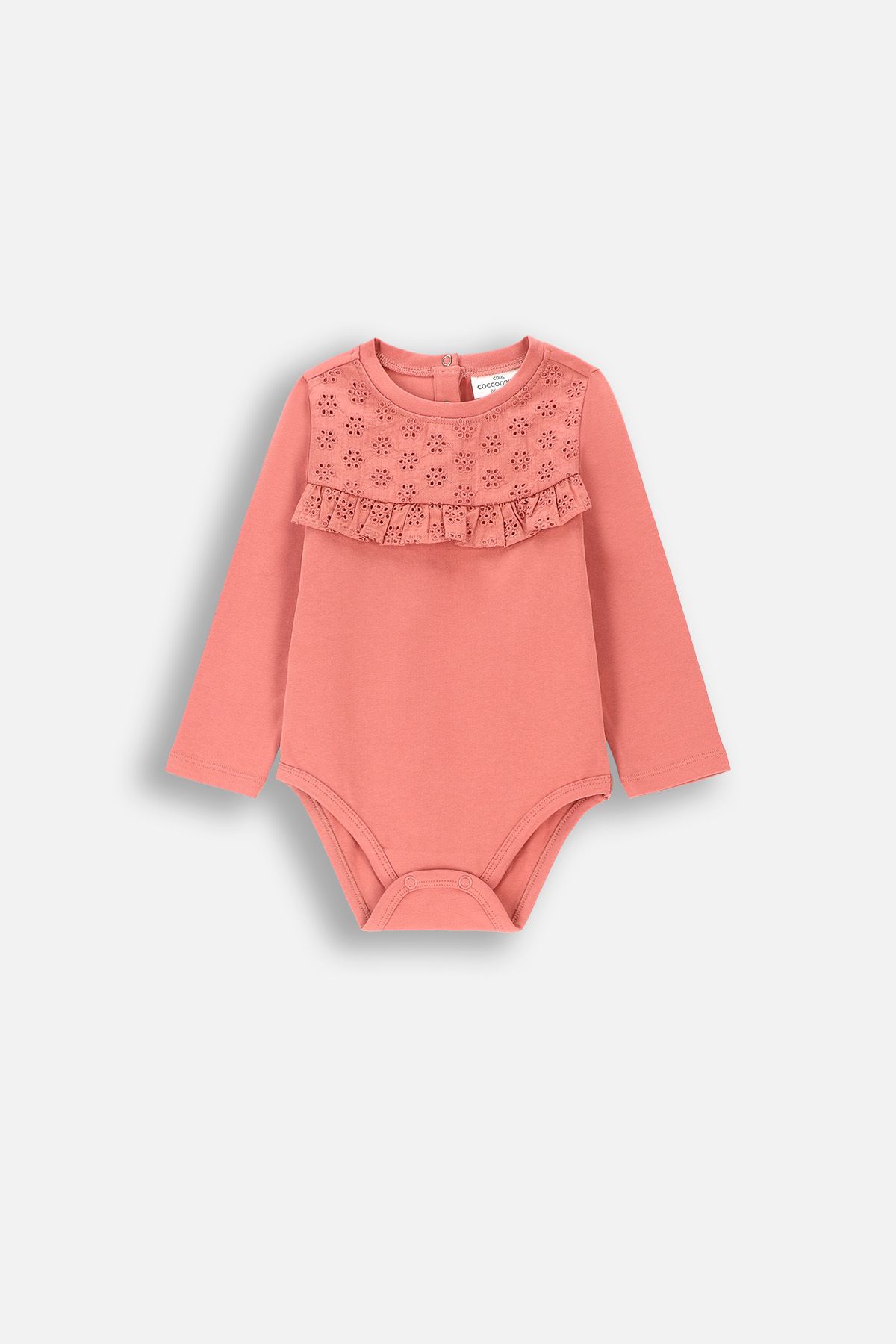 Body prążkowane z długim rękawem różowe z ozdobną falbanką i