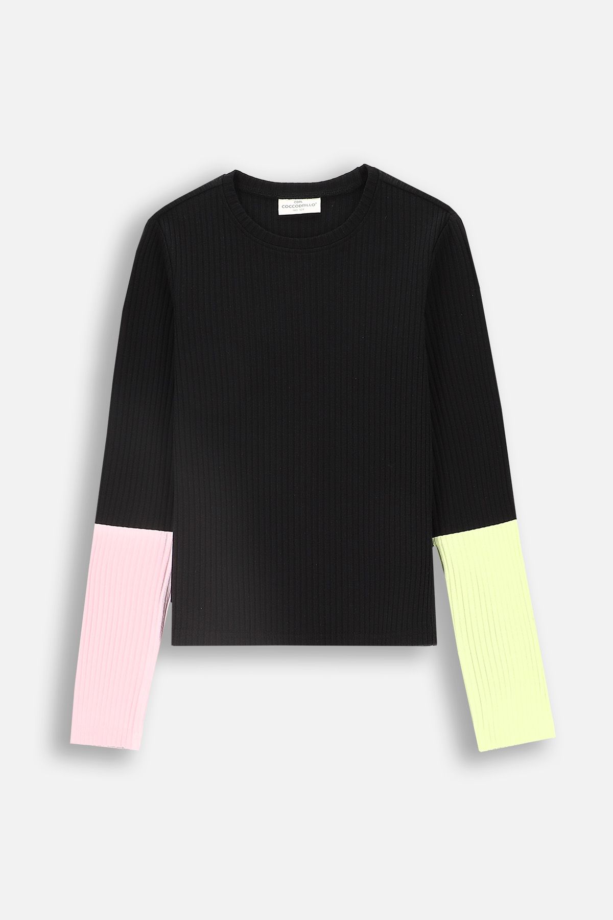 T-shirt prążkowany z długim rękawem czarny z kolorowymi