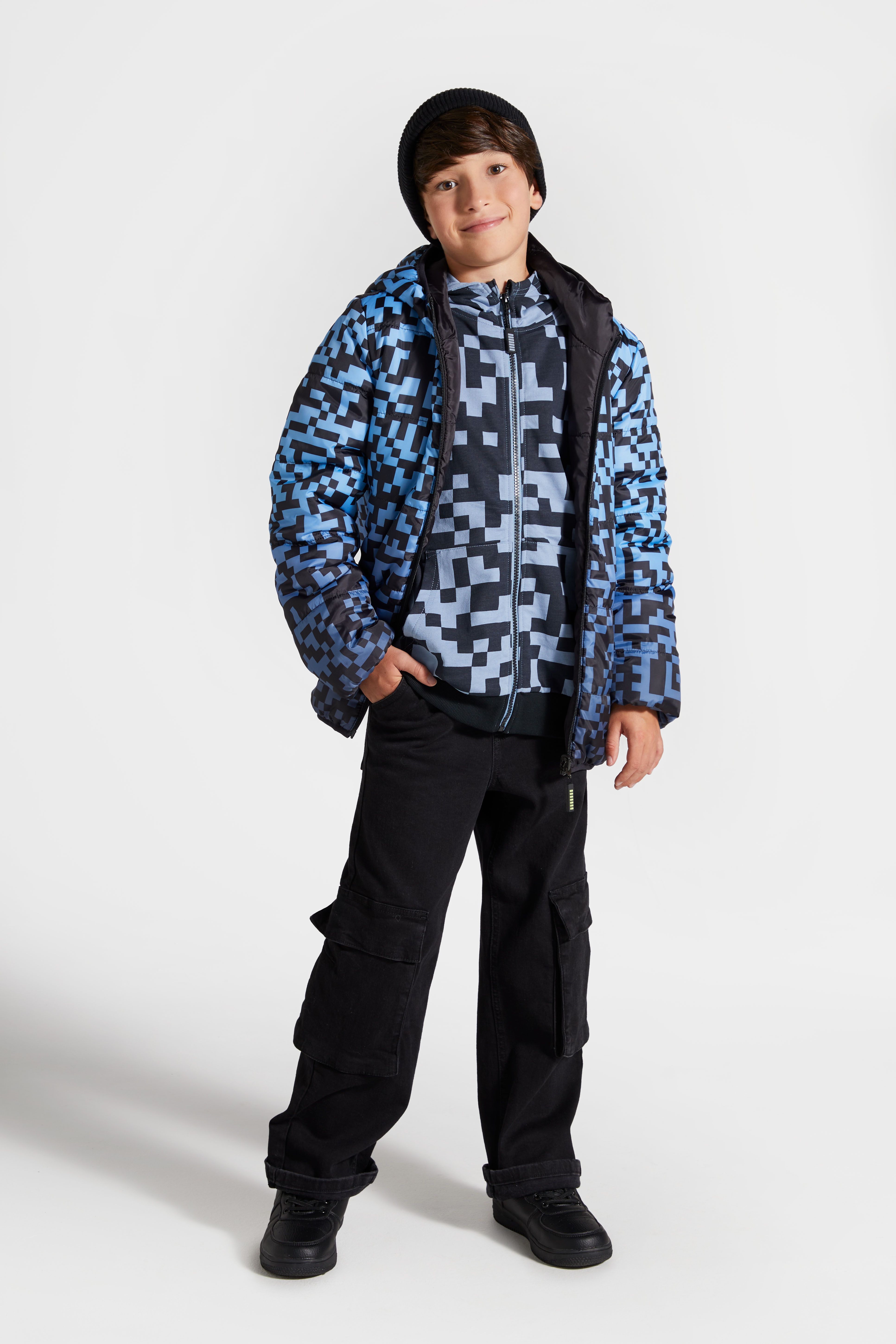 Reversible jacket multicolored with hood and pockets