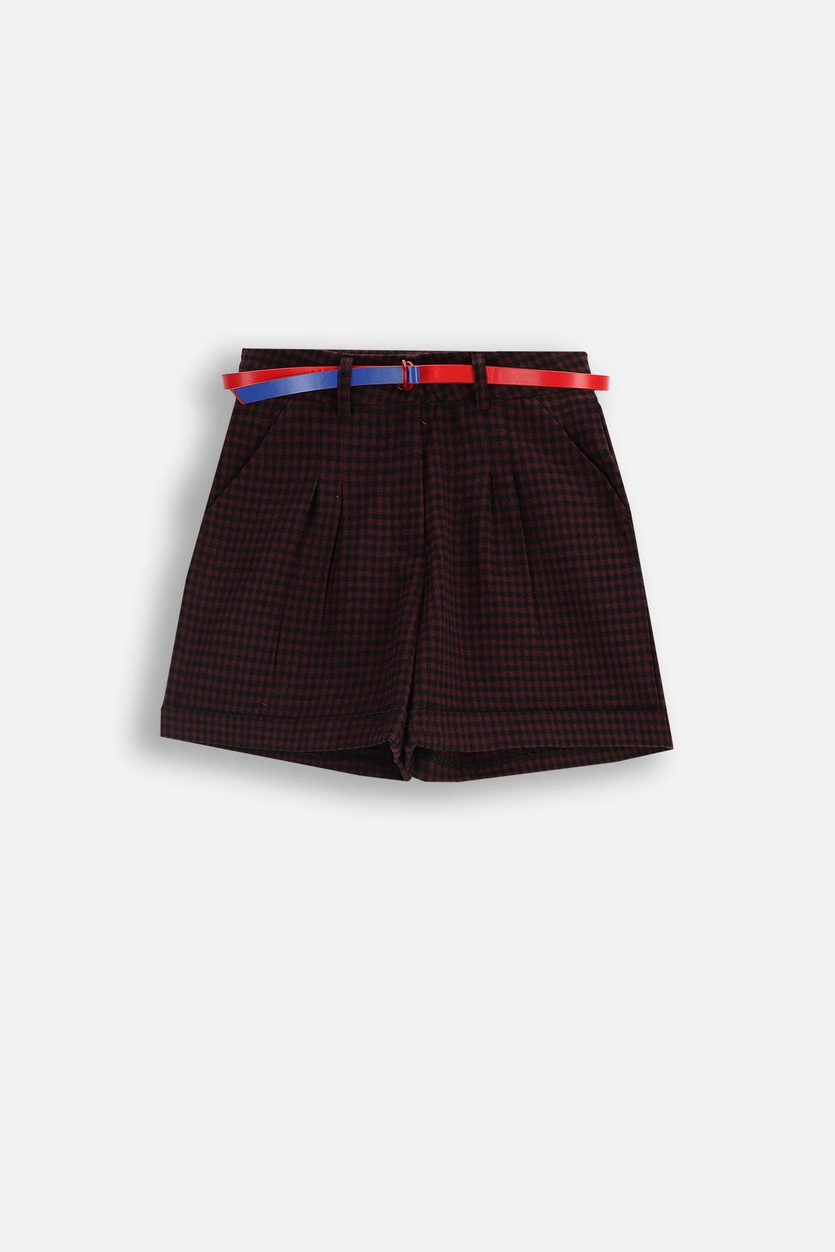 Pantaloni scurți din țesătură Carouri multicolore cu curea