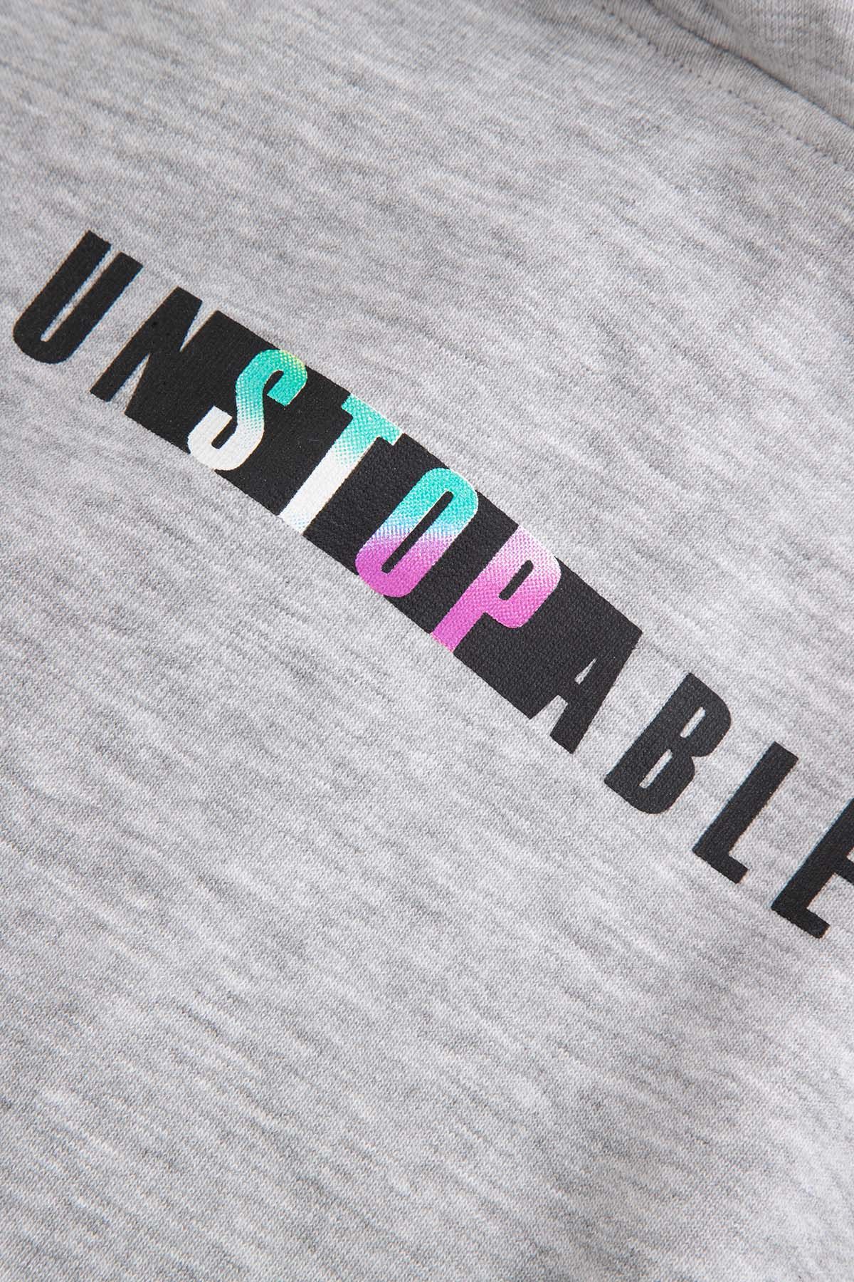 Sukienka dresowa z kapturem szara z napisem i suwakiem na boku