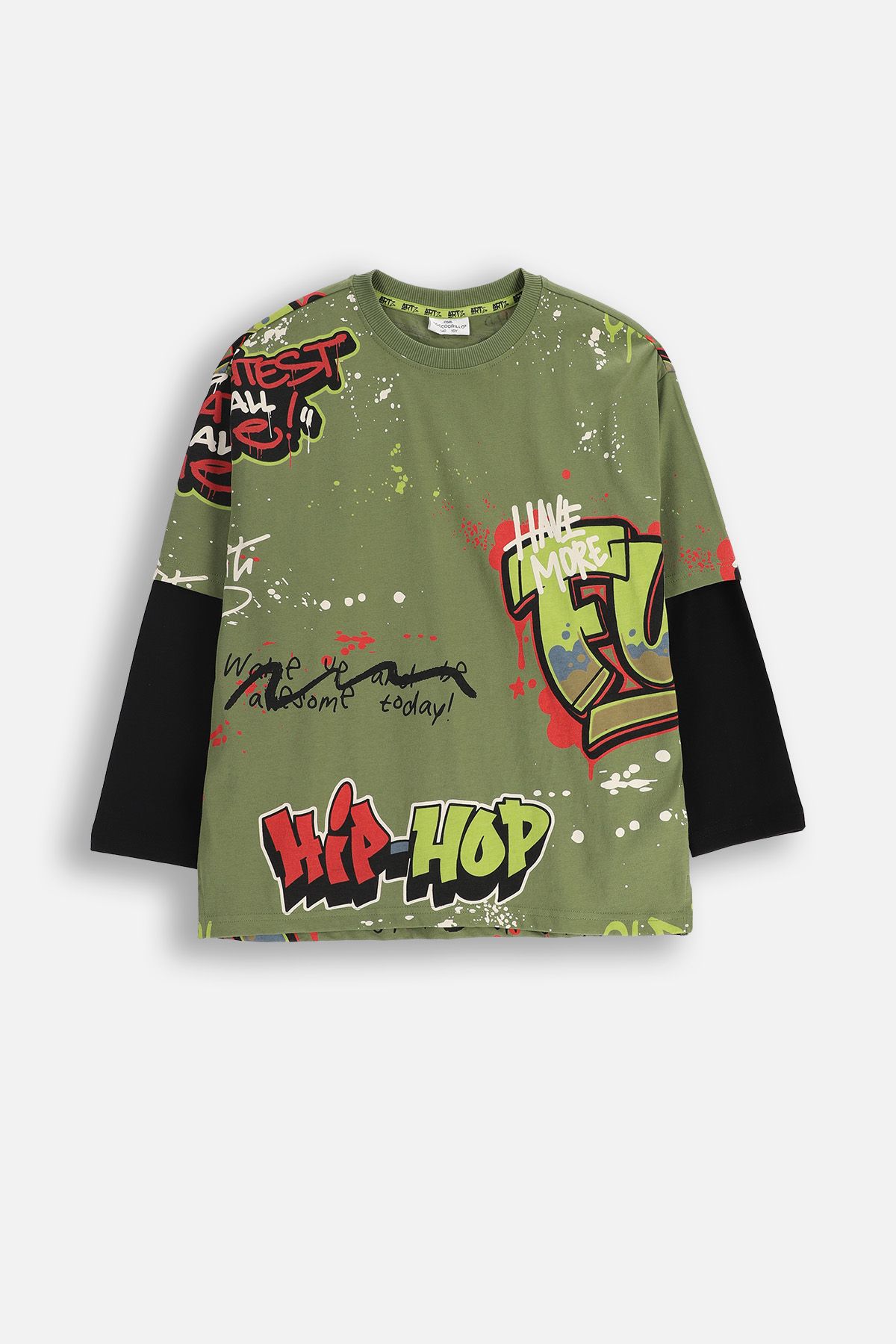 Bawełniana koszulka z długim rękawem oliwkowa z nadrukiem ninja