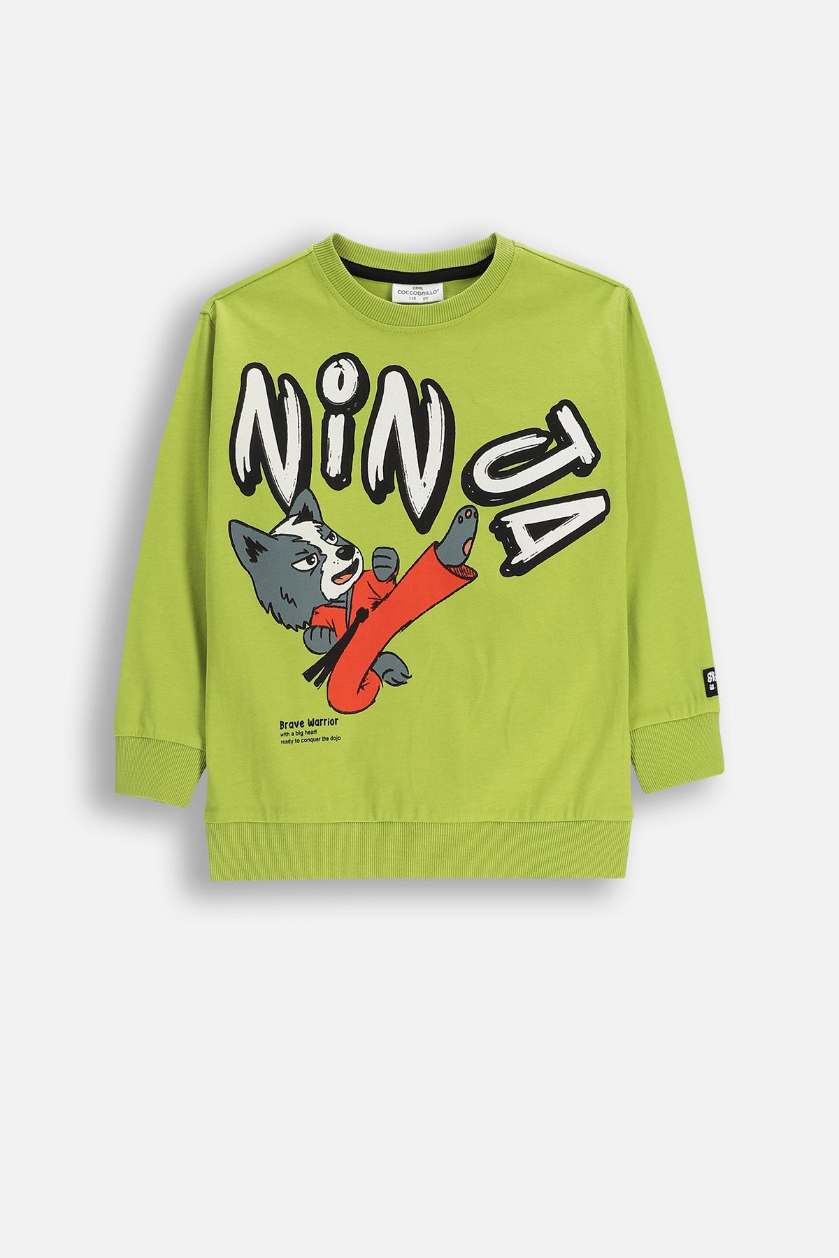 Bawełniana koszulka z długim rękawem oliwkowa z nadrukiem ninja