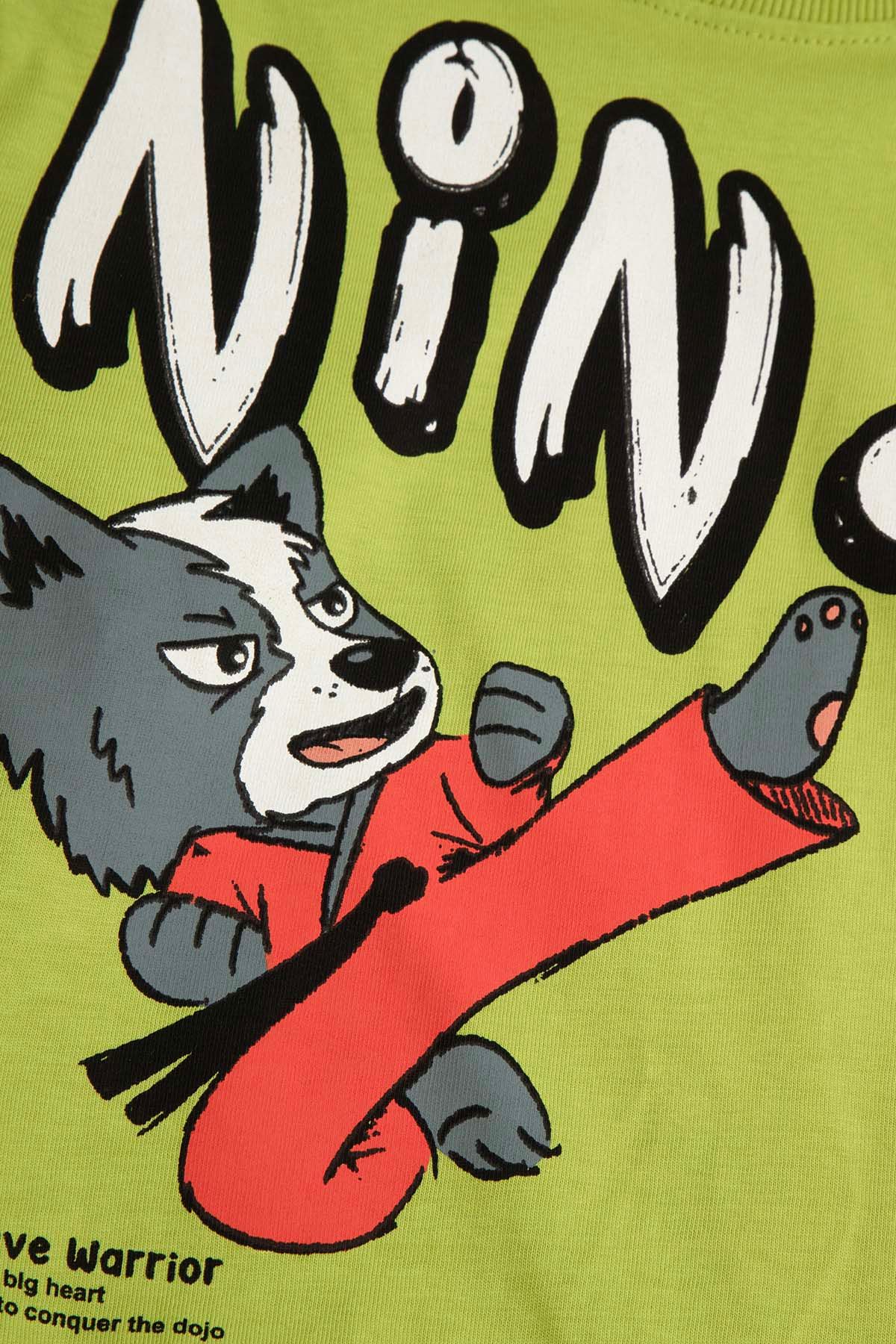 Bawełniana koszulka z długim rękawem oliwkowa z nadrukiem ninja