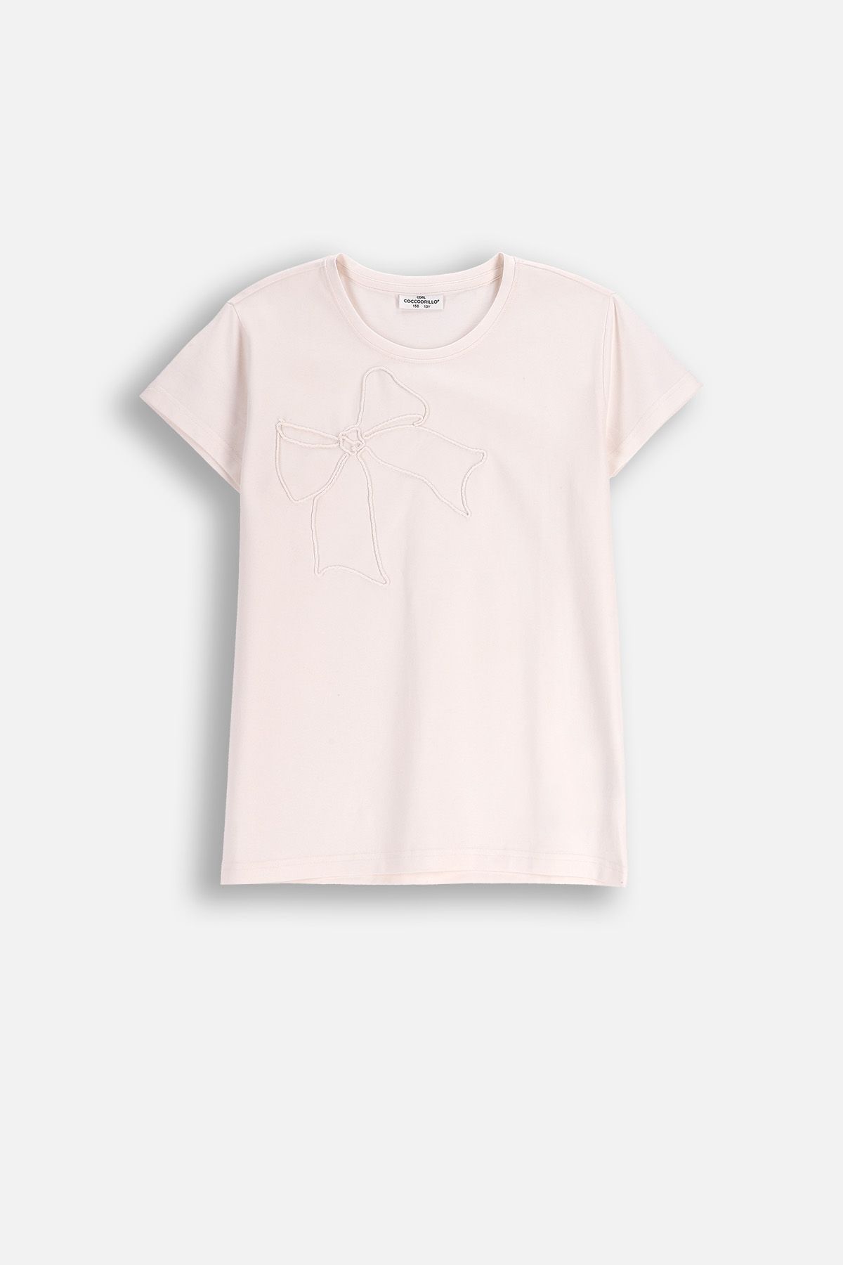 T-shirt z krótkim rękawem ecru z kokardką z włóczki