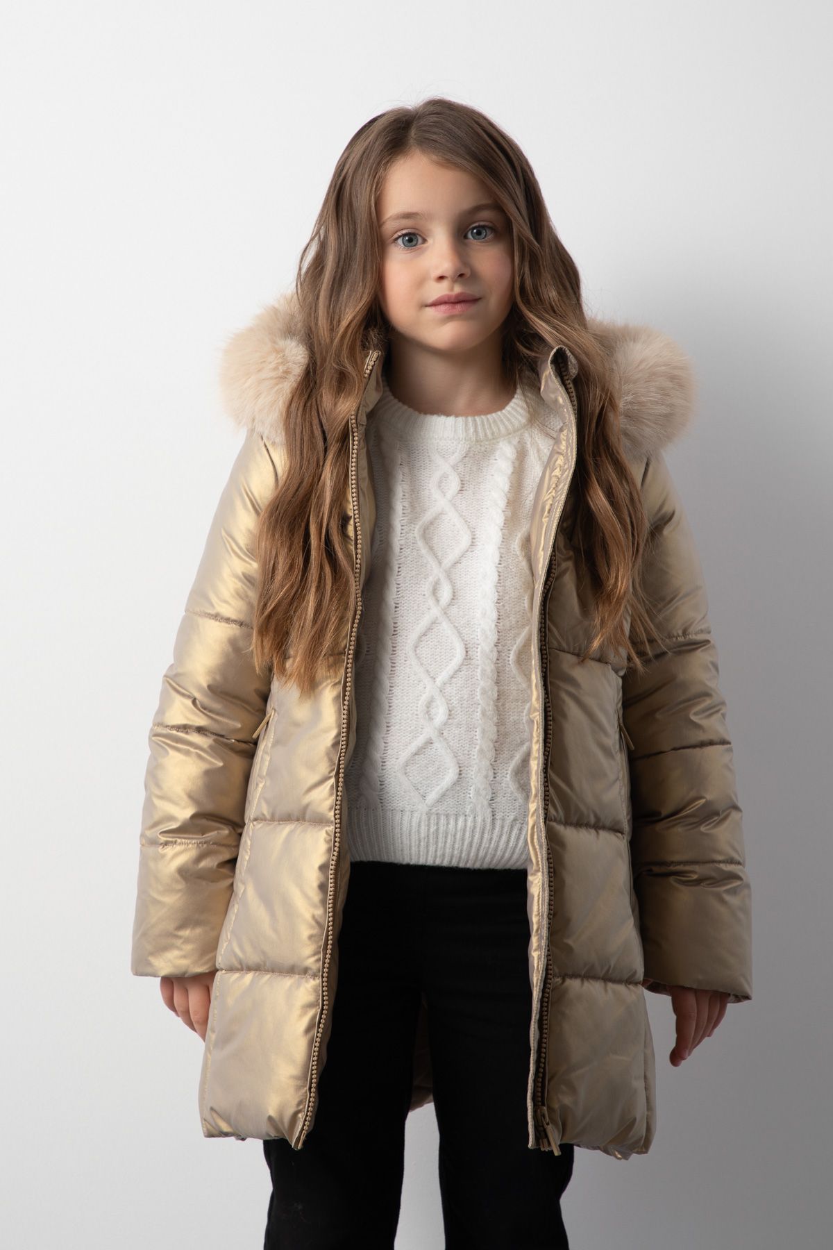 77toai1126 Kurtka zimowa srebrna z kapturem obszytym futrem - Coccodrillo