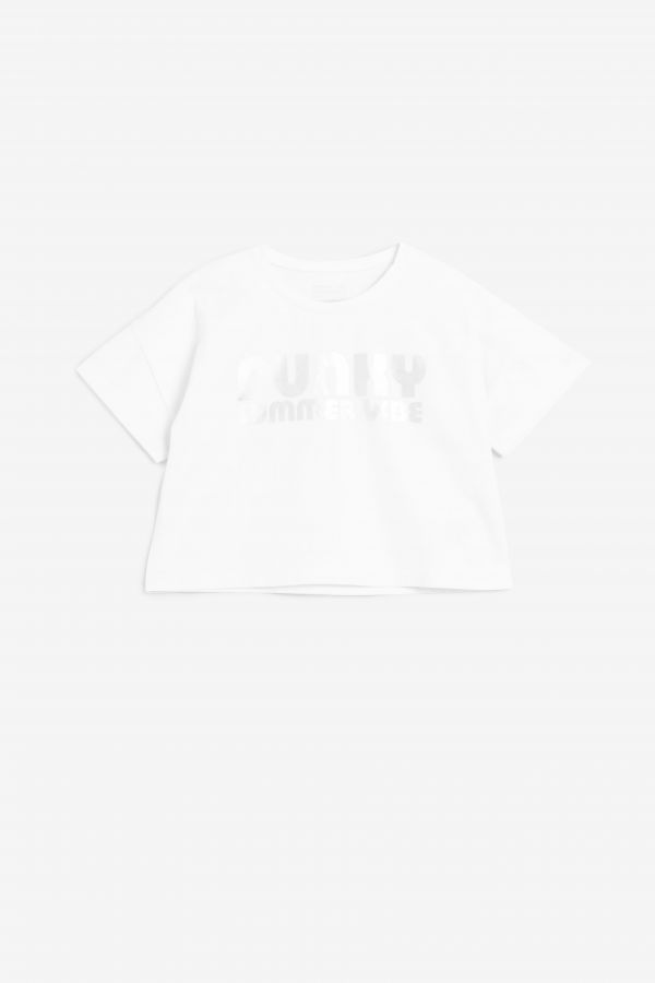 T-shirt z krótkim rękawem biały crop top z metalizowanym nadrukiem z przodu