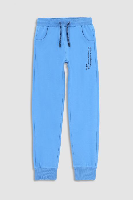Spodnie dresowe niebieskie z napisami na nogawce o fasonie REGULAR