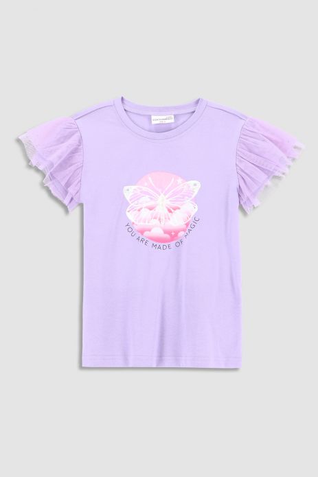 T-shirt z krótkim rękawem fioletowy z tiulowymi falbankami