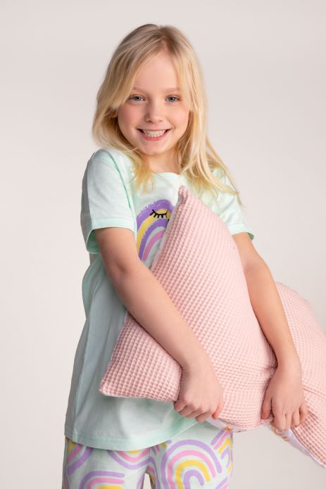 Piżama dziewczęca seledynowa bawełniana z krótkim rękawem