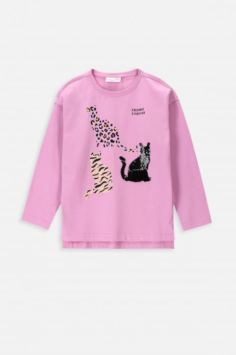 T-shirt z długim rękawem różowy z nadrukiem kotów