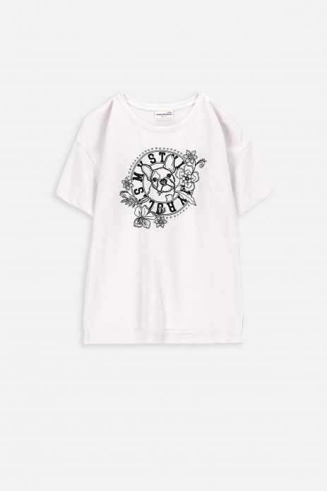 T-shirt z krótkim rękawem biały z nadrukiem pieska i kwiatów 2