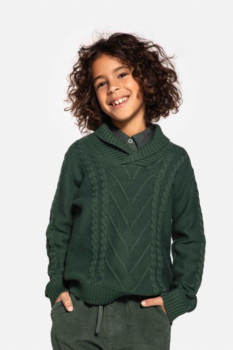 Sweter dzianinowy zielony z ozdobnym kołnierzem i splotem