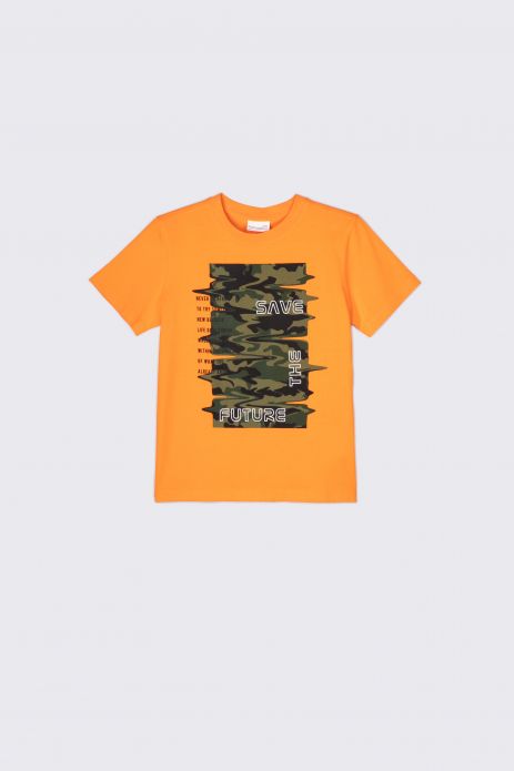 T-shirt z krótkim rękawem pomarańczowy z nadrukiem moro i napisami