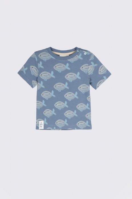 T-shirt z krótkim rękawem niebieski z nadrukiem w rybki 