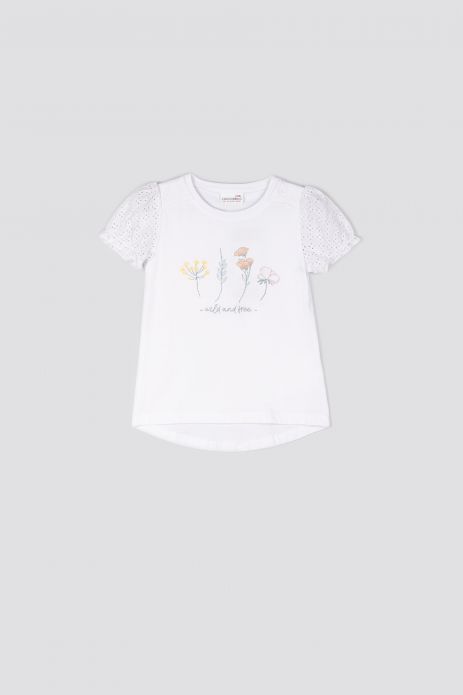 T-shirt z krótkim rękawem biały z ażurowymi zdobieniami