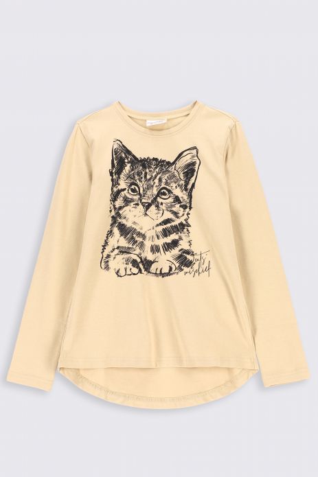 T-shirt z długim rękawem beżowy z nadrukiem kota