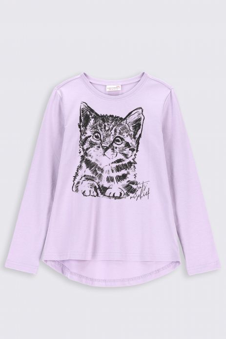 T-shirt z długim rękawem fioletowy z nadrukiem kota